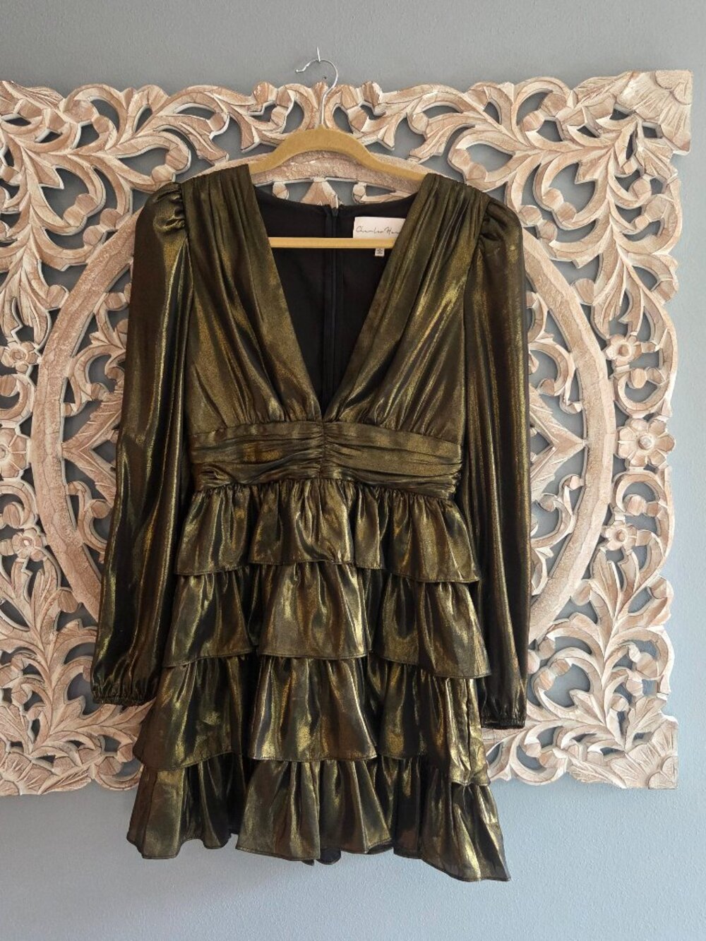 CHARLES HENRY Brass METALLIC Gold Plunge Neck TIERED Long Sleeve MINI DRESS S